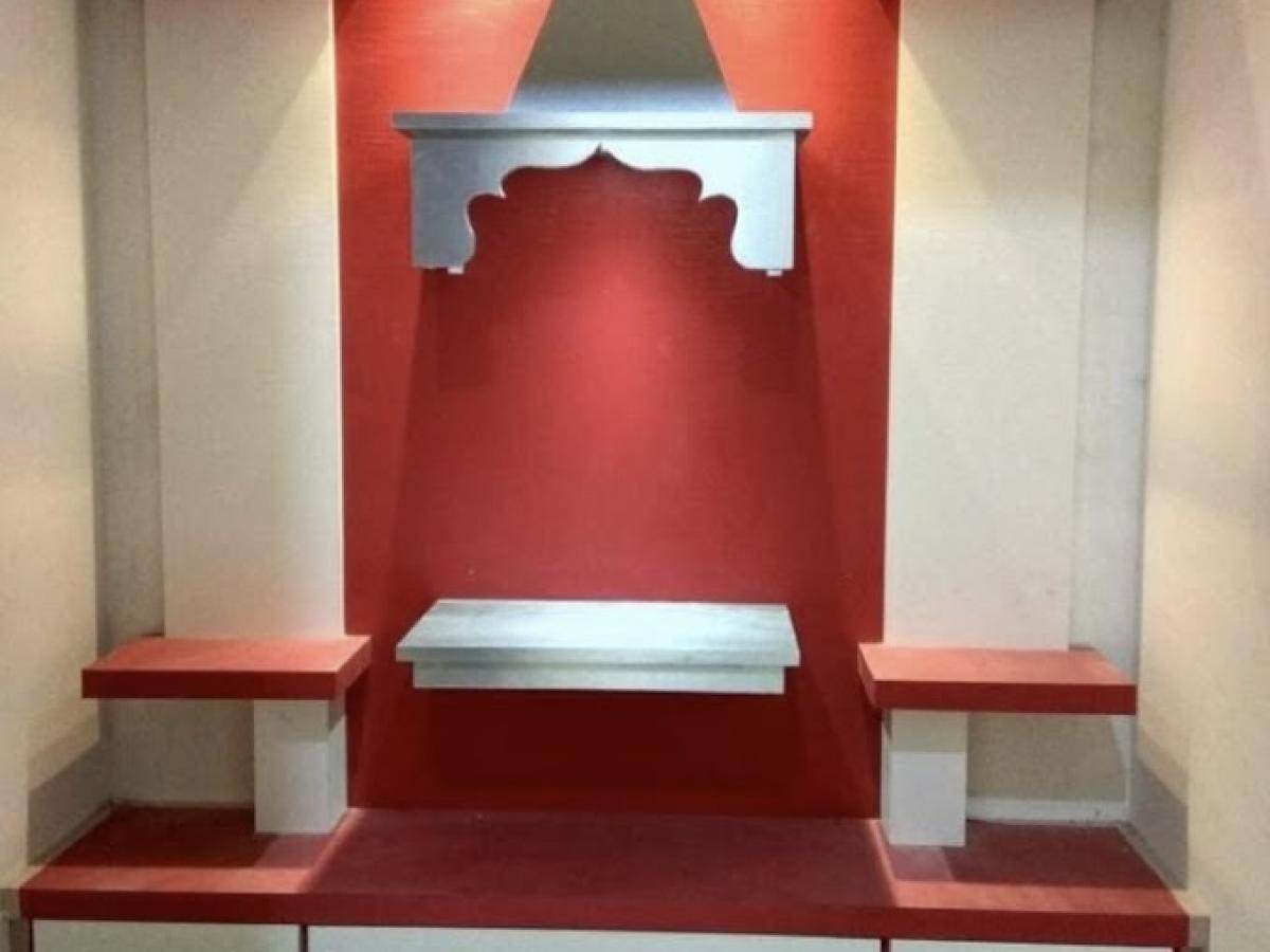 Mandir Design With Wooden Finish Red and Grey Interiors