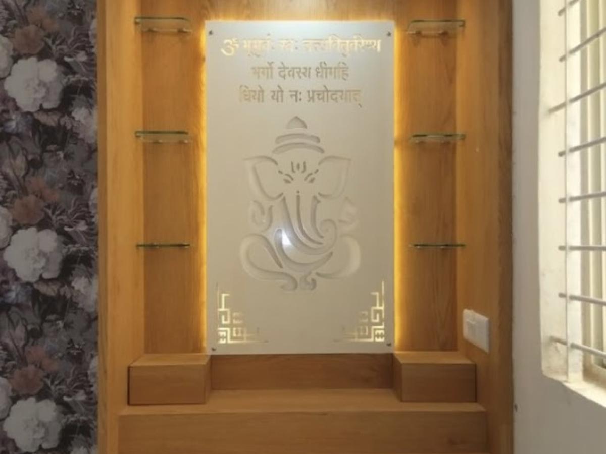 Wooden Pooja Unit with open Glass shelf  